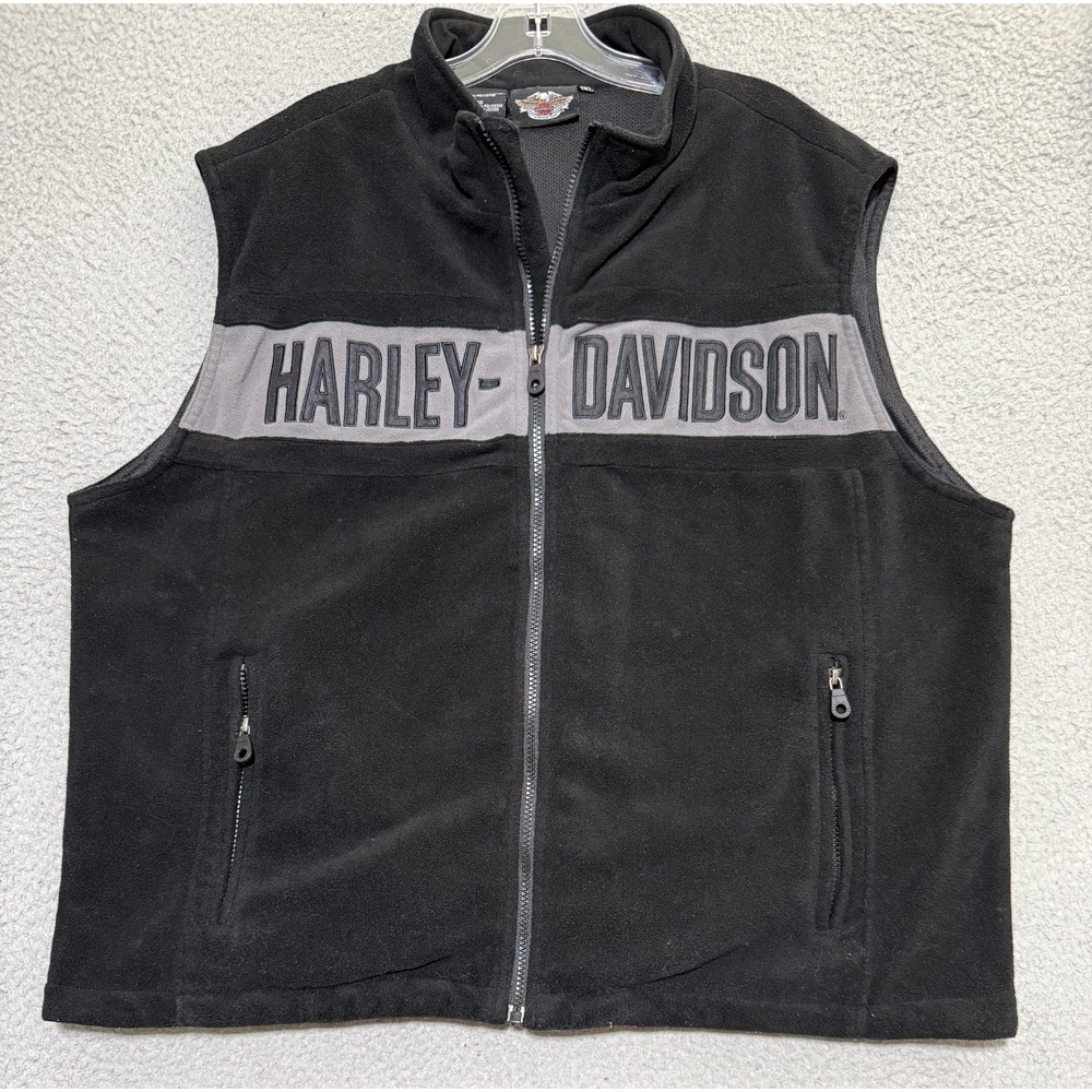 Harley Davidson Full Zip Fleece Vest Mens 2XL Black / Gray Zip pockets